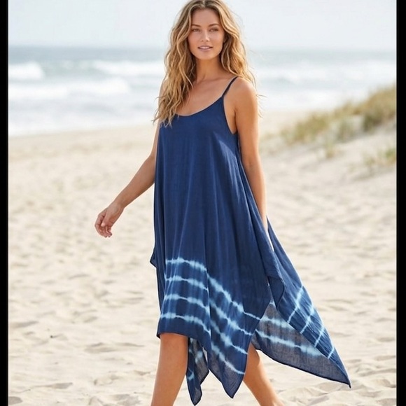 Highness Tops - Highness Navy Blue Handkerchief Hem Tie-Dye Beach Dress - OSFM
